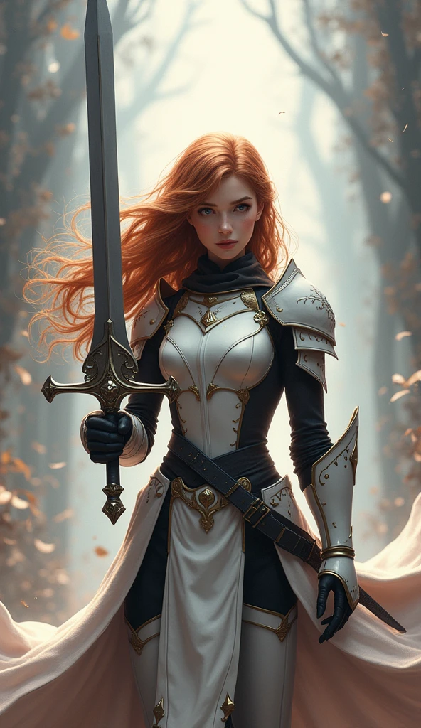  Surrealistic ,Theme MMORPG game style Image of a bronze-haired girl standing holding her favorite sword, wearing light black and white armor. The theme color is pastel and the image tone is dramatic. The highest resolution masterpiece.