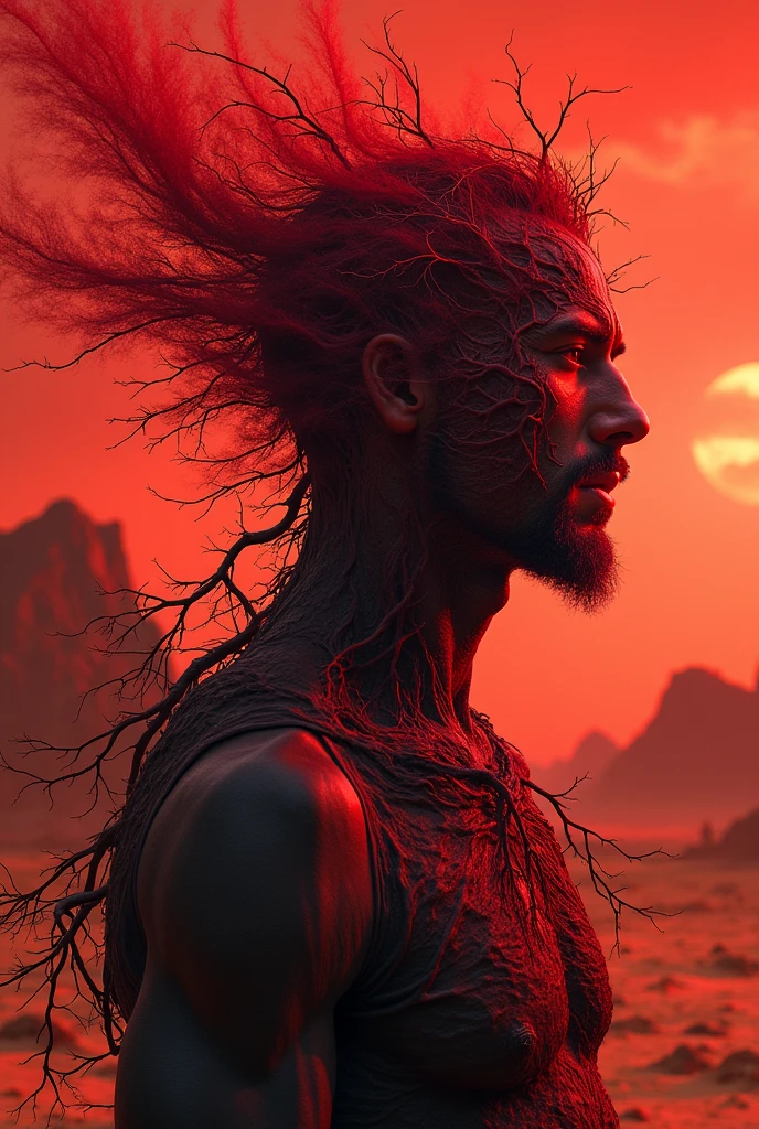 a man consumed by crimson roots against the backdrop of a reddish desert planet