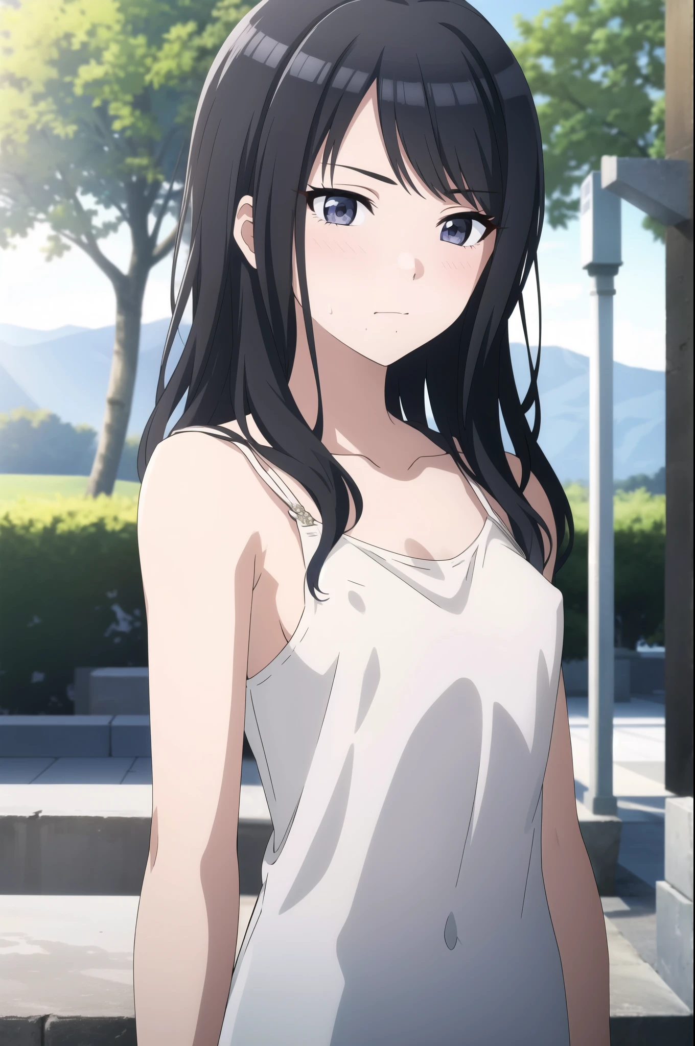 masterpiece, high quality, 8k, Beautiful lighting,sunny day, 1 girl, alone, hiori kazano, ,,((detailed white camisole)), erectile nipples,（（Detailed eyes:1.5））,（（close up:1.5））,,, ((Upper Body)),((Slender body)),,Detailed face,((flat-chest)),,squinting,blush,View your viewers, outdoor, perfect nipples, detailed erectile nipples, long bangs,