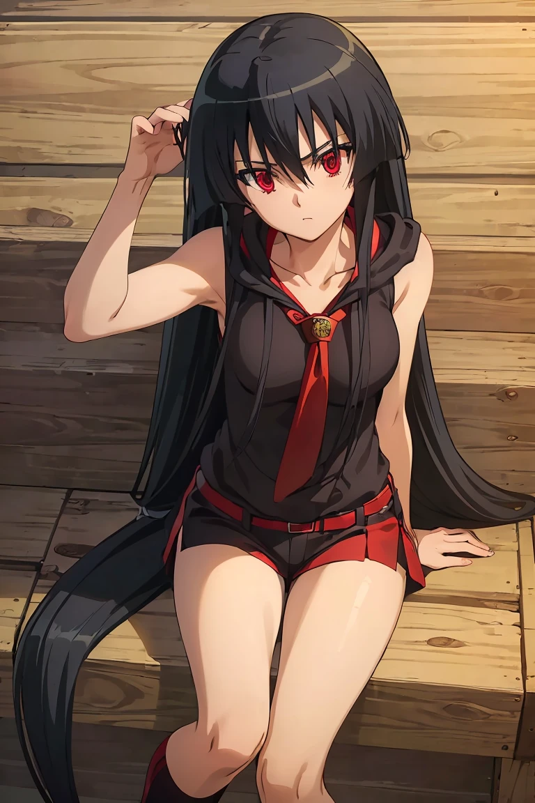 Master piece, best quality,(((1girl,solo))),full_body,akame,red_eyes,black_hair,(((very_long_hair))), yellow_hoodie, short _shorts, loose_socks, sneakers,looking_at_me,backgroud_road