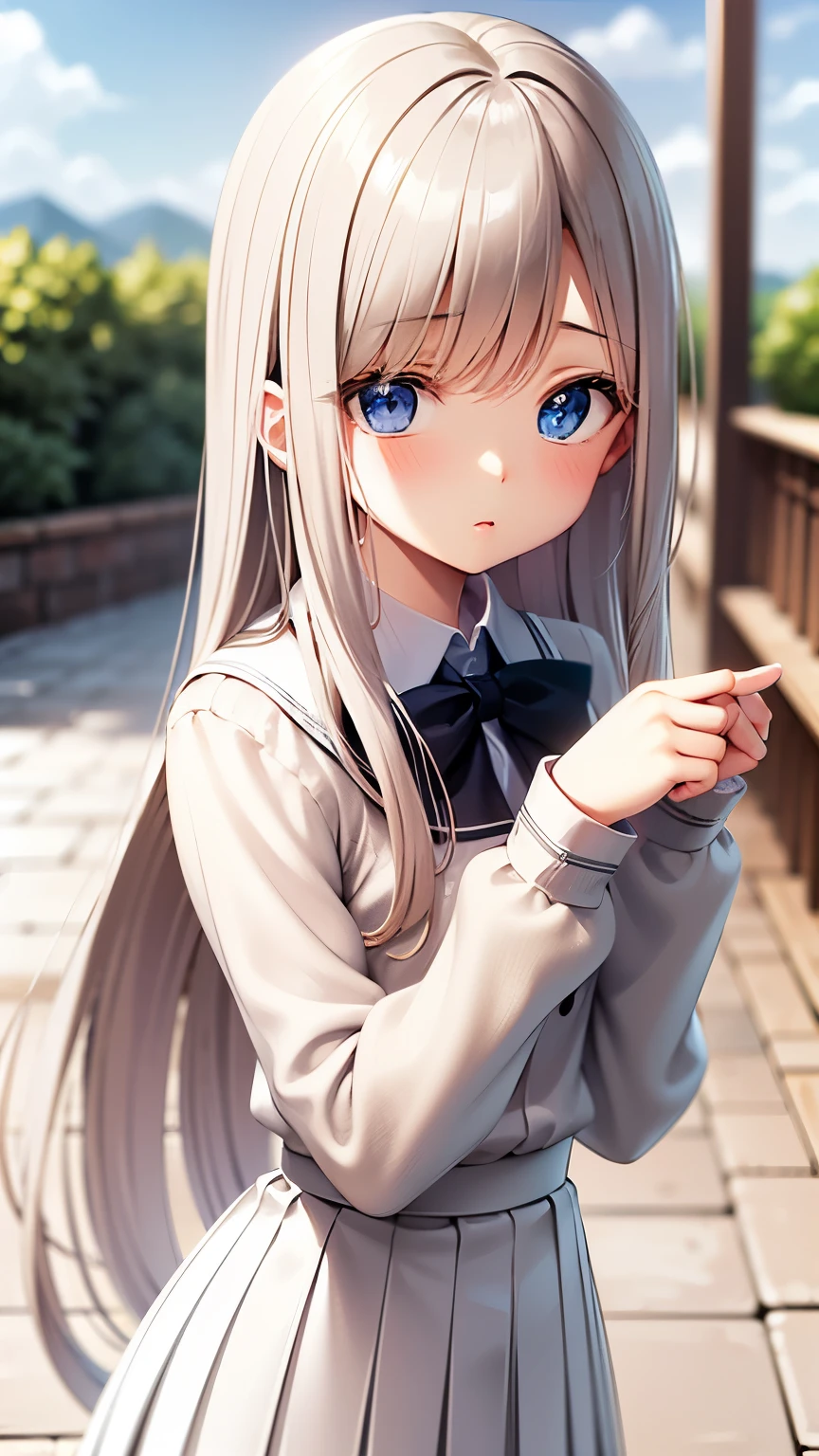 masterpiece , Highest quality , detailed , woman , bangs , ((School Uniform)) , ( Shiny platinum blonde silky super long straight hair, beautiful shiny bangs, Big clear sky blue eyes, Very beautiful bright eye highlights, Embarrassing, blush