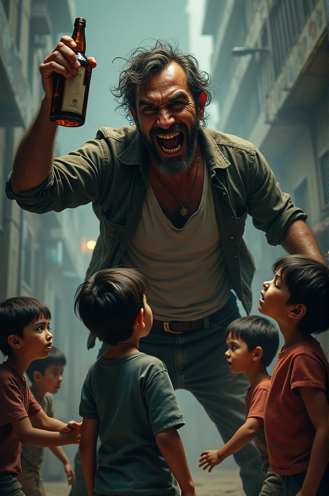 A man yelling at scared children with a bottle of alcohol in non-drawing style