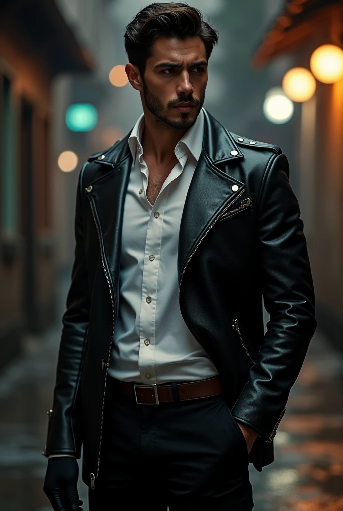 Latin American Costa Rican brunette man wearing a black leather jacket, black gloves, white shirt and black pants