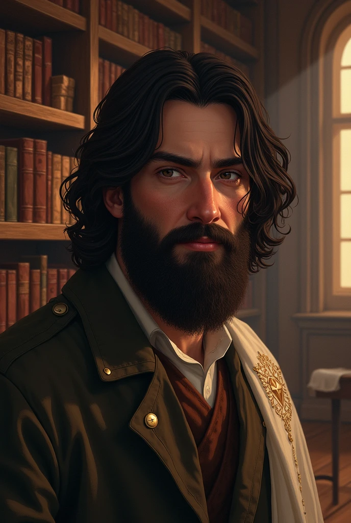 Bearded Jew with straight hair and a Roman nose in a library 