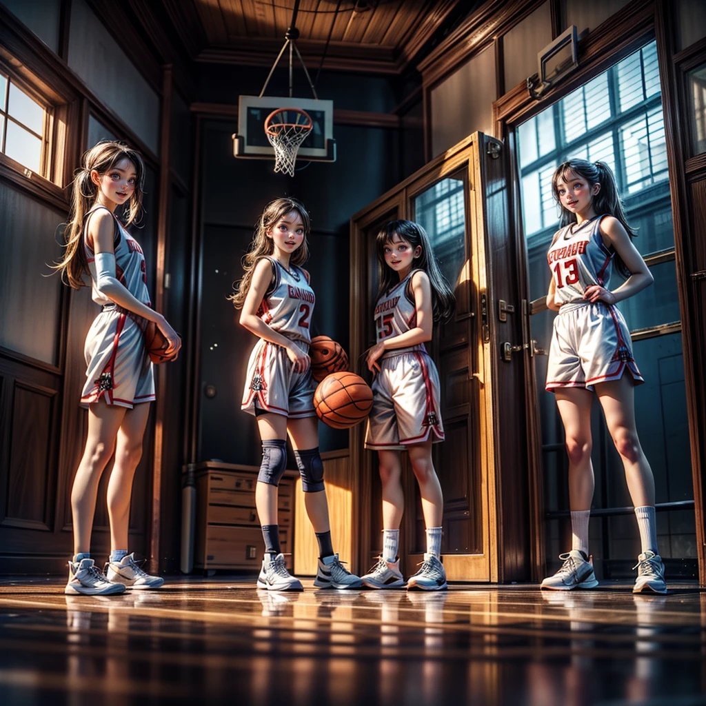 ExtremelyDetailed (((Basketball Team Girls in a row:1.4))), Childish perfect face, Reflective Eyes, Detailed(Delicate Clothing textures), Corrected Leg to Foot Line, Corrected Perfect Hand, Dynamic Joyful Expressions LifeLike Rendering, ((Specular Reflection:1.28)), TopQuality 8K Ultra-detailed masterpiece (ProfessionalPhoto:1.37)(Acutance:0.8),(Luminism:1.22), Locker room (Exposed) (Changing clothes)