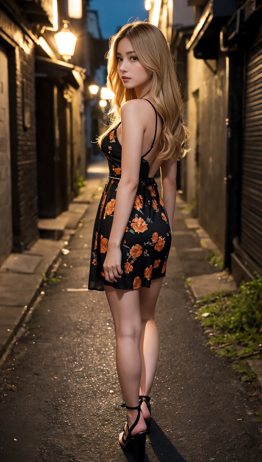 Full Body Shot、Outdoor、masterpiece、Highest quality、High resolution、Realistic、Pitch black night road、In a dark alley at night、A woman wearing an orange floral see-through dress walking alone down a deserted alley at night、A tall, slim beauty wearing an orange floral dress、The back view of an 18-year-old beautiful girl with her skirt flipped up、Looking back with a frightened expression、A beautiful woman flees from a man approaching her in a narrow alley at night、With her long, wavy, dark blonde hair fluttering、Long legs、Beautiful legs、Platform Sandals、Thin and slim magazine model、Young and sexy gravure model、Chest visible from the side、looking at the camera、Looking up、Long, permed, dark blonde hair、