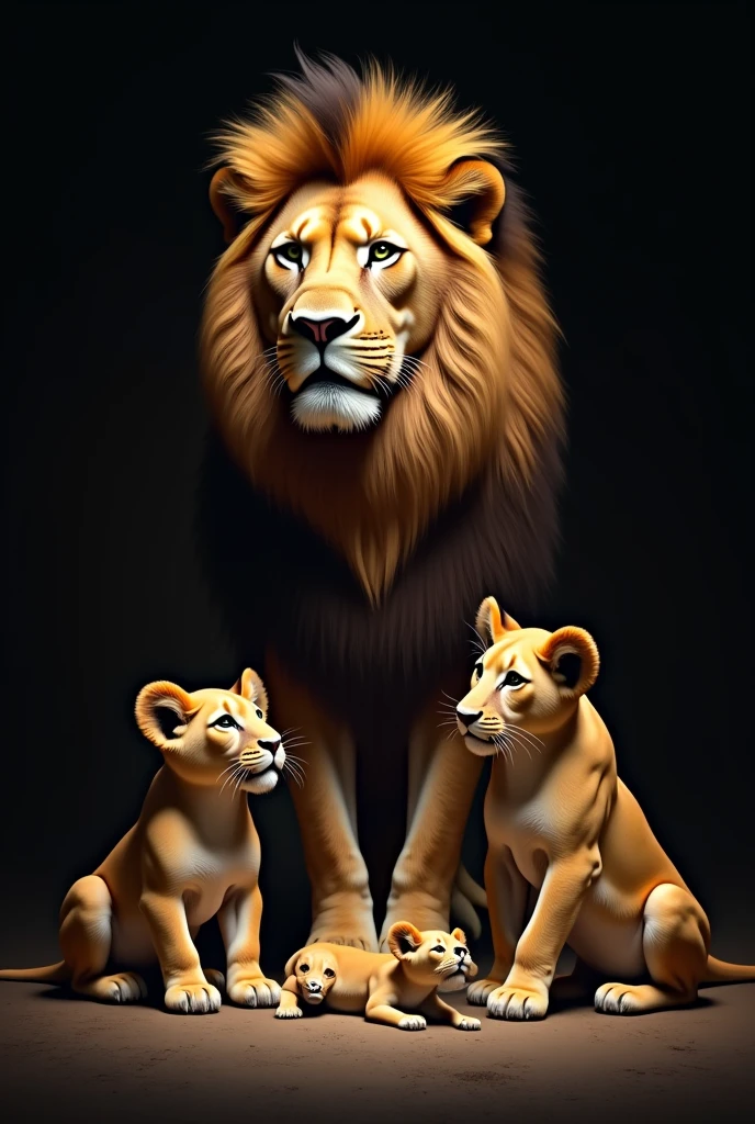 Lion, lioness and three cubs, dark background for frame