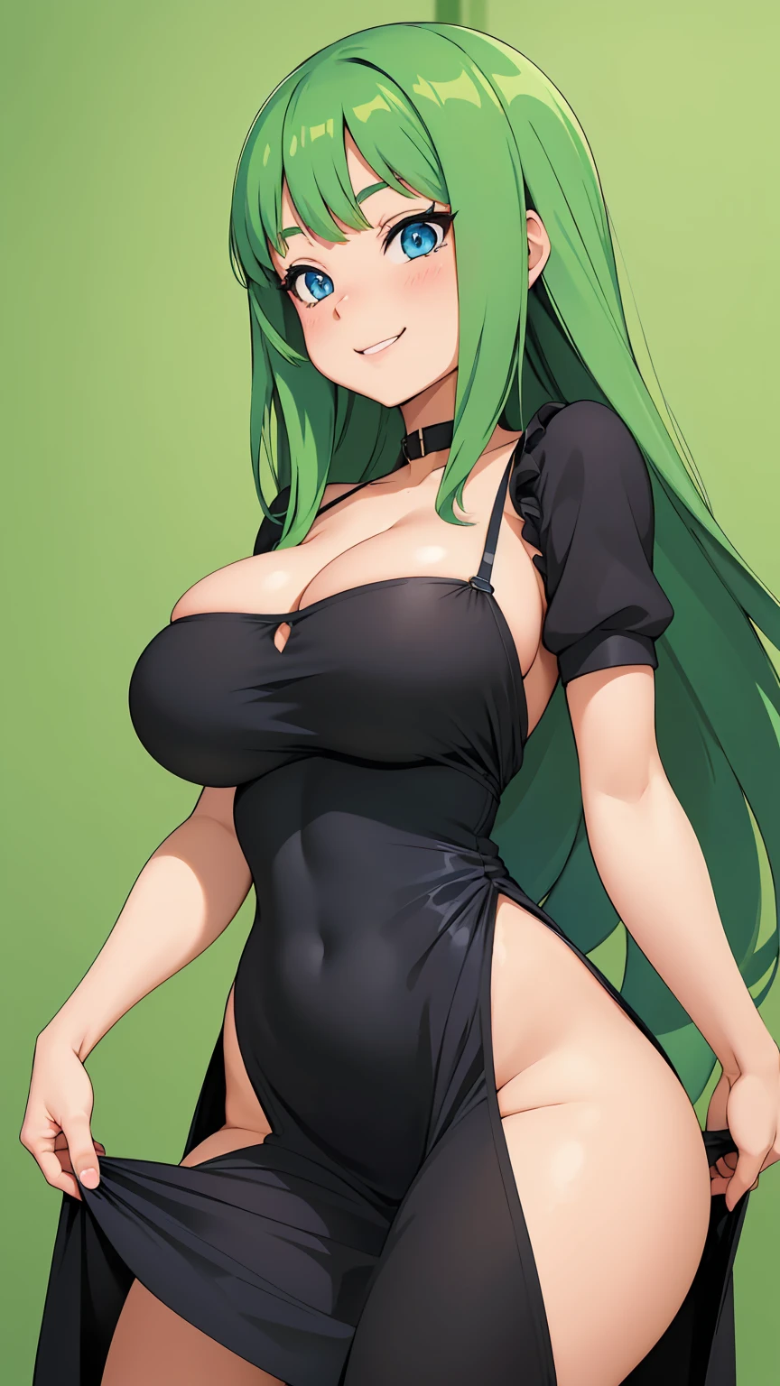 Anime girl, blue eyes, green long hair, muy voluptuosa, , big breast, shy smile, wallpaper, cute black dress, strap, breasts bounce