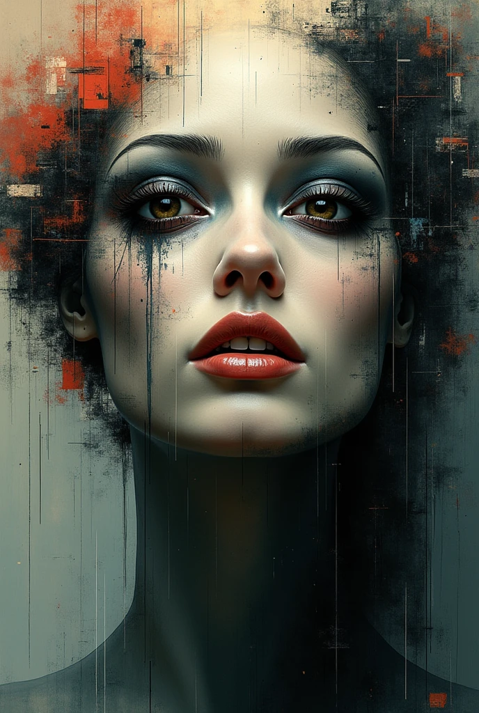 3d I am she who is trapped in a surreal painting where only my face is seen in 3d with feelings of sadness from many accumulated lives. A lot of depth of field highlights my face marked from other lives but the lighting varies. There is no specific one but the reality that is seen is impressive. Every detail is perfectly done and reflects all her frustrations in her mind.  . The message I want to convey is that there are other realities, very real, detailed 3D, of this reality with lies. , 48k uses the rule of thirds, bright colors, fantastic expression, use only dark colors, no flowers, use screws or wood in the background, you can vary the colors from very dark to medium gray, also use large nuts but not to cover the face