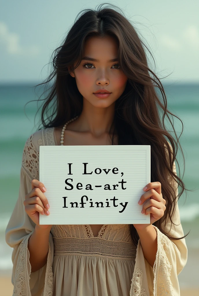 Beautiful girl with wavy long hair, bohemian dress, holding a white board with text "I Love Seaart Infinity" and showing it to the viewer