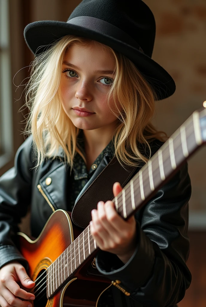 young blonde, greenish eyes, shoulder length hair playing a guitar with hair over her face like a rockstar! and a fedora hat and leather jacket!
