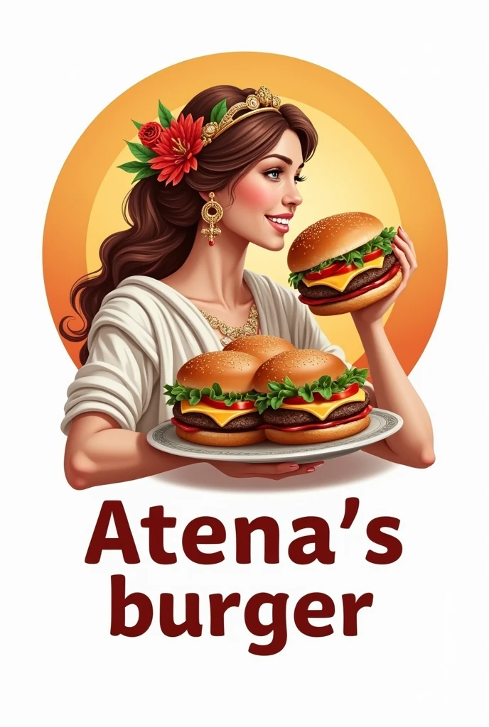 logo with the title (atena's burger) with the theme of Greek mythology and the goddess Tena eating a hamburger in the background with a white background and a round frame of the slightly colored logo