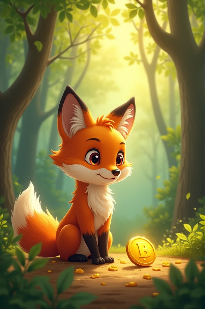 The Honest Little Fox Finds a Coin
"A little fox with bright orange fur, standing excitedly beside a shiny golden coin on the forest floor. The background shows a lush, green forest with trees and sunlight filtering through the leaves."