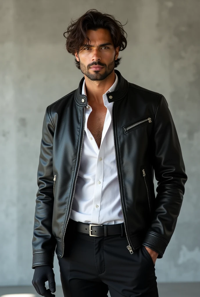 Latin American Costa Rican brunette man wearing a black leather jacket, black gloves, white shirt and black pants