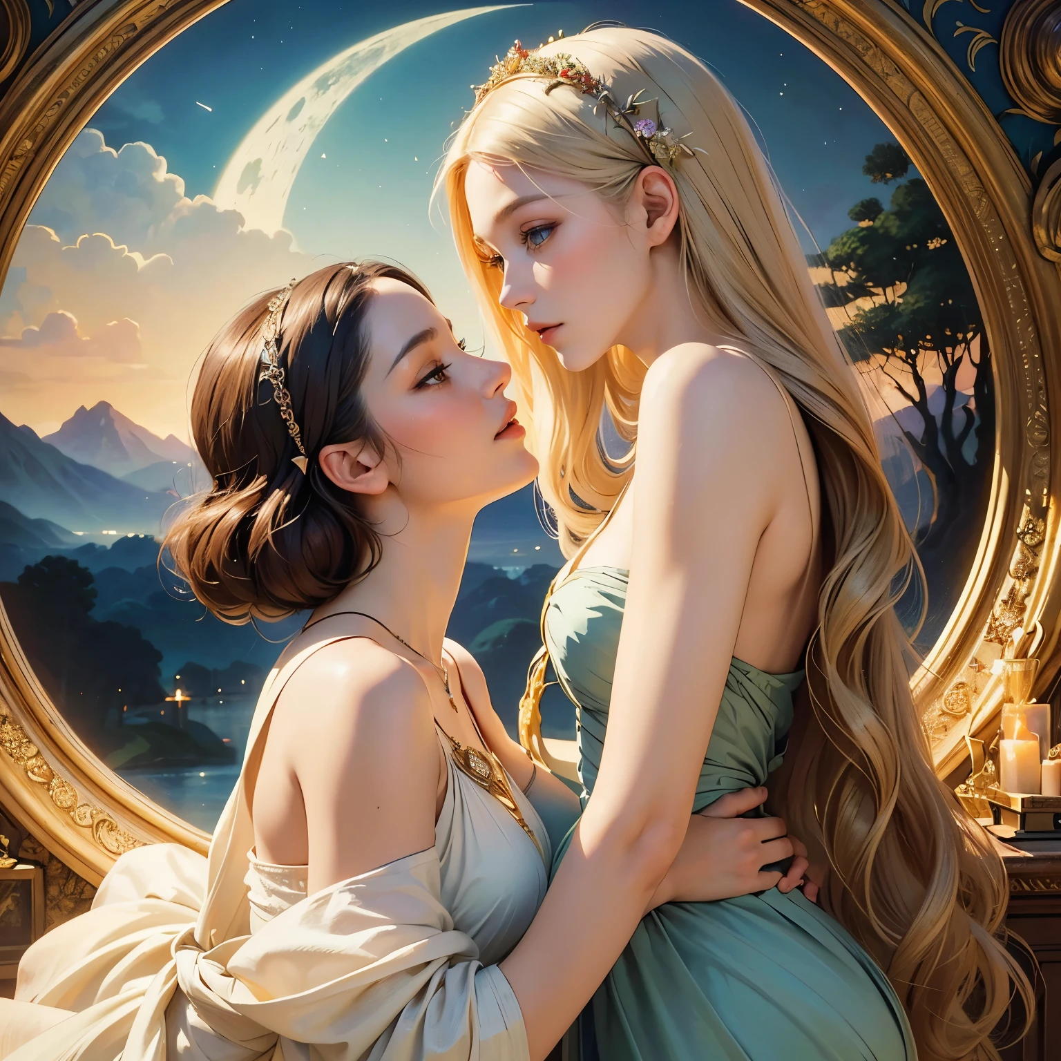 (masterpiece, Highest quality, Official Art, Beauty and aesthetics:1.5), Oil paintings by Leonardo da Vinci and Alfons Maria Mucha, (Perfect Anatomy), Two gorgeous, stunning, white-skinned, young pregnant goddesses are deeply in love with each other, kiss, Great makeup, jewelry, Romantic atmosphere, Flowers and Moon, Amazing panoramic views