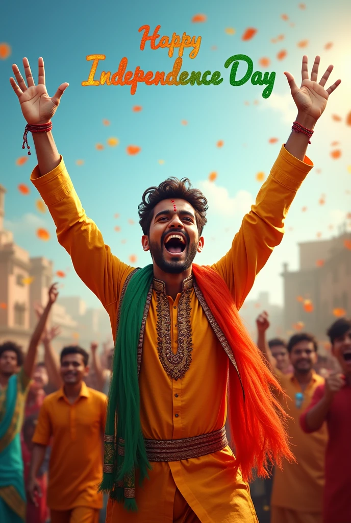 A real 20-year-old boy joyfully celebrates Indian Independence Day. He is wearing traditional Indian outfits with the name "Shivam" written on his attire. Above him, in the sky, the words "Happy Independence Day" are displayed in a bold font. The backdrop is filled with people celebrating, enhancing the festive and patriotic spirit of the day.