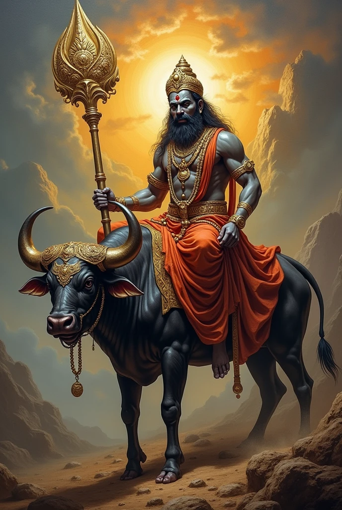 Yama dharma raju sittings in buffalo while caring hanuman gadha in angry mood