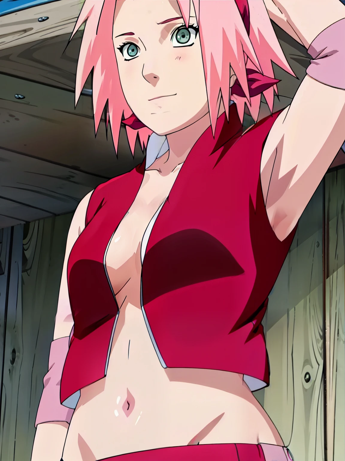 Sakura Haruno visible bra visible armpit open blouse open zipper ripped blouse open shirt ripped shirt showing chest and belly sexy.
