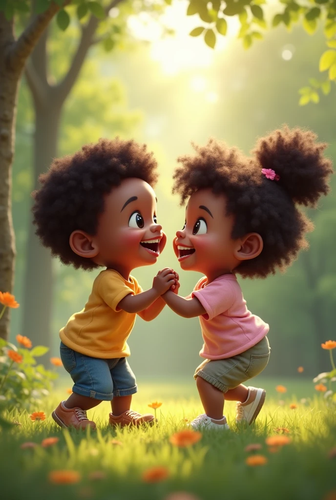 Generate two children playing a black child and a white child playing equally
