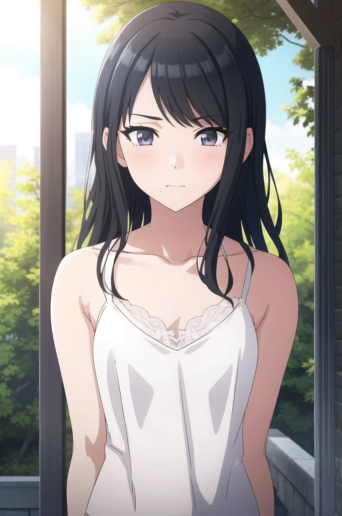 masterpiece, high quality, 8k, Beautiful lighting,sunny day, 1 girl, alone, hiori kazano, ,,((detailed white camisole)), erectile nipples,（（Detailed eyes:1.5））,（（close up:1.5））,,, ((Upper Body)),((Slender body)),,Detailed face,((flat-chest)),,squinting,blush,View your viewers, outdoor, perfect nipples, detailed erectile nipples, long bangs, white lace panties,