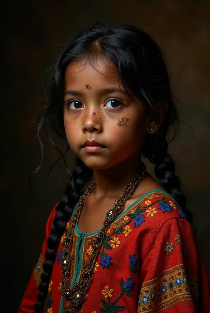 "(the best lighting, high contrast, dark, dramatic),Mexican Otomi indigenous girl,with Mexican embroidered clothing,and overflow,with a turkey, and with a slightly dirty face,with Mexican regional overflow . Luz Caravaggio" very dark background, warm tones, Rembrandt,