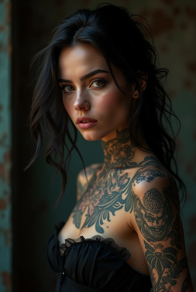 Tattoo Girl, so beautiful, Murderous,  betrayal, anger, Dark Background, 8k, Dynamic Wallpapers, Very delicate, very dark  