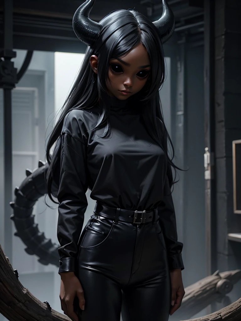 Black-skinned shapeshifter woman, with thin horns, completely black eyes, wearing an oversized long-sleeved shirt and large, comfortable pants, with a black lizard tail.