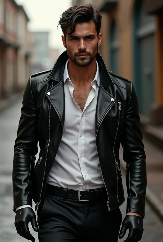 Latin American Costa Rican brunette man wearing a black leather jacket, black gloves, white shirt and black pants