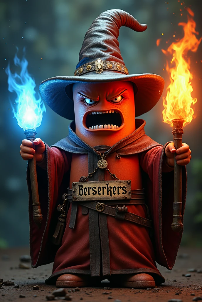 a humanoid sausage, Fire and Ice Wizard, Wizard hat, threatening face, aggressive eyes, guante de hielo magical, baston de fuego magical,  magic, raising a sign with both hands that says "Berserkers", Medieval atmosphere, dark, magical