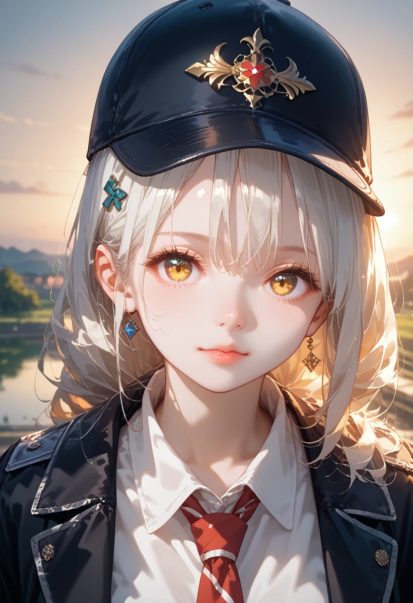 medium shot, medium shot, depth of field, bust, upper body, cinematic angle, masterpiece, Best quality, super detailed, computer graphics, 8k wallpaper, Beautiful face, tender eyes, countries, One, white long hair, yellow eyes, hairpin, White shirt, black jacket with a hood, black baseball cap, black stockings, black boots above the knee, sunset, medieval port, harbour, Detailed water surface, Reflection of the Sun, masterpiece, detailing, full height, detailing, Maximum Drawing