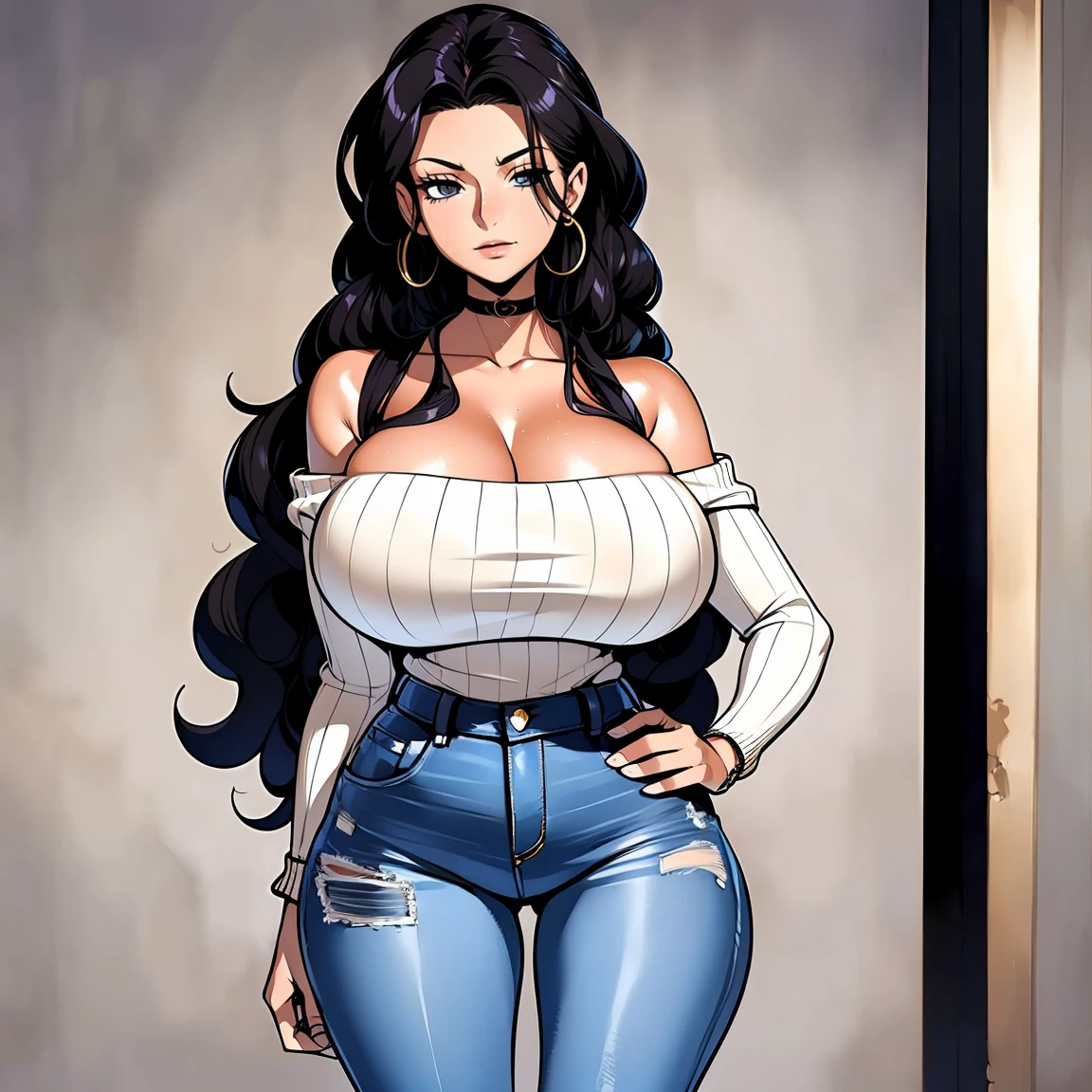 sexy woman, long curly black hair, off shoulder white sweater, jeans, Busty. Big hip. Voluptuos. Comic style. Graphic novel style