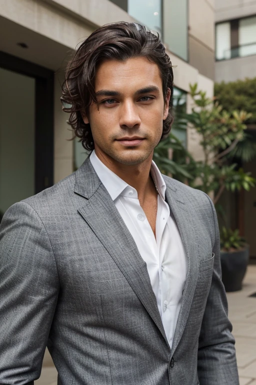 Handsome Man 38, lean muscular body, tan skin olive, his eyes are blue, 1.90m, his hair is dark brown with natural waves that flow down his shoulders, a little stubble unshaved, wearing a black suit, white shirt