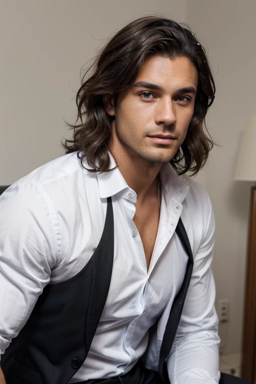 Handsome Man 38, lean muscular body, tan skin olive, his eyes are blue, 1.90m, his hair is dark brown with natural waves that flow down his shoulders, a little stubble unshaved, wearing a black suit, white shirt