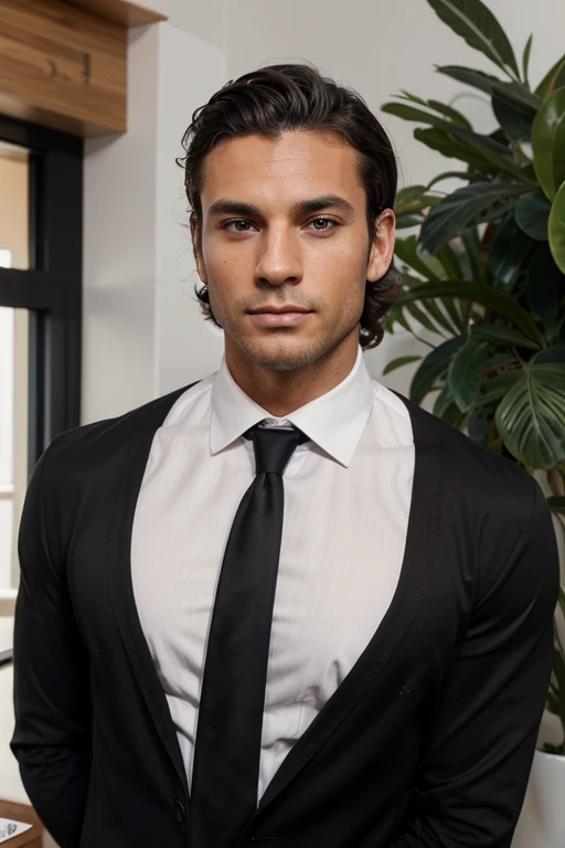 Handsome Man 38, lean muscular body, tan skin olive, his eyes are blue, 1.90m, his hair is dark brown with natural waves that flow down his shoulders, a little stubble unshaved, wearing a black suit, white shirt