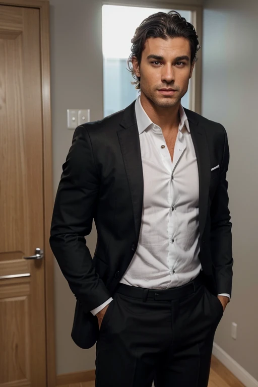 Handsome Man 38, lean muscular body, tan skin olive, his eyes are blue, 1.90m, his hair is dark brown with natural waves that flow down his shoulders, a little stubble unshaved, wearing a black suit, white shirt