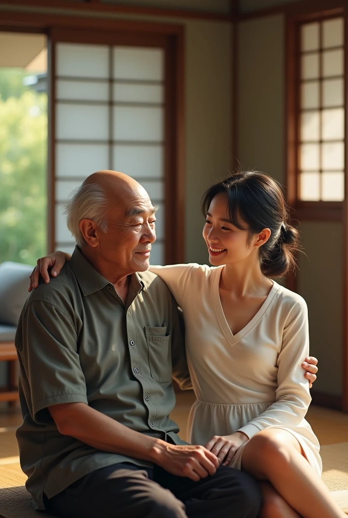 A bald Japanese grandfather, a little white hair on the side, no shirt, yukata pants, sitting in a Japanese-style lounge room.next to him is the grandpa's grandson, a beautiful 25-year-old Japanese girl, wearing a white versece top, smiling.Japanese-style lounge room background.realistic.ultraHD