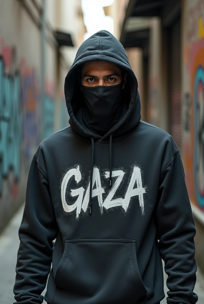 Man wearing mouth mask and Hoodie with GAZA written backwards in graffiti area