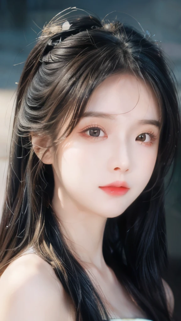 masterpiece, best quality, Official Art, 8k wallpaper, Very detailed, illustration, 1 girl, Long hair, Exquisite eyes, Bare shoulders, Hanfu, lake, pure, Gentle smile,Fair skin，Exquisite facial features，Especially the bright eyes。Her face shape is usually oval，Ancient Chinese beauties，Gorgeous makeup，Red Hanfu