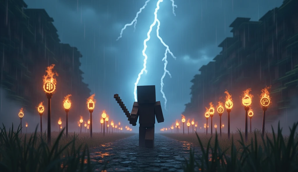 The ten magic wands that have magic element logos on each wand and are emitting magic energy, is in disarray in the valley and the night is foggy, rain, storm, tense atmosphere, and his staff with the owner of the Minecraft character magic master 
