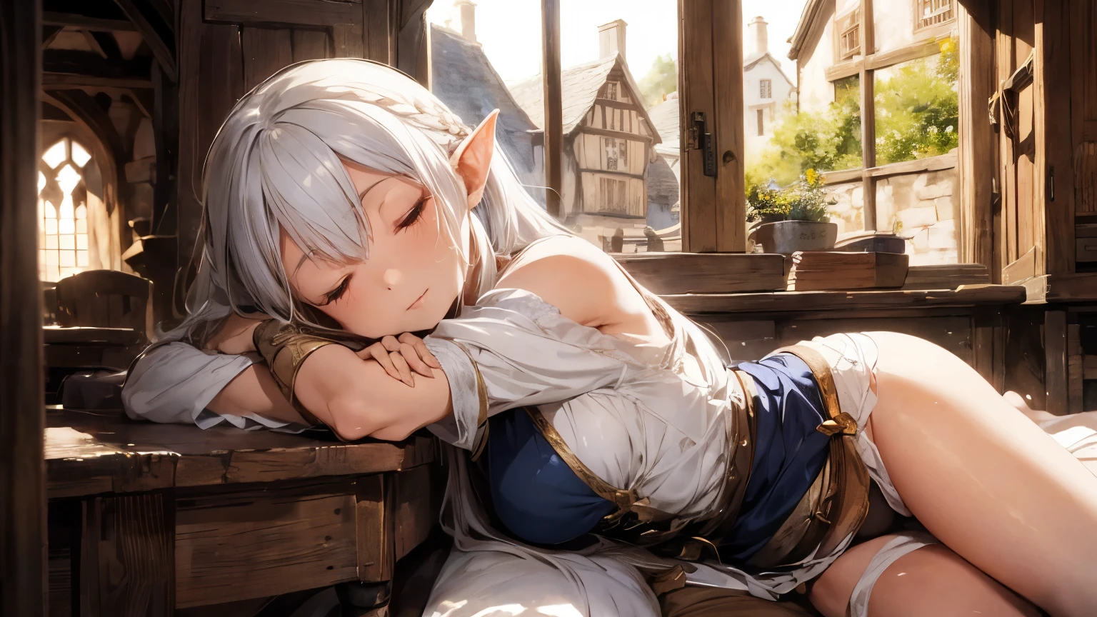 medieval inn scene room with an cute and sexy body and long white hair elf girl sleeping closed eyes. She is feeling the gentle breeze as the sun shines through the medieval window.