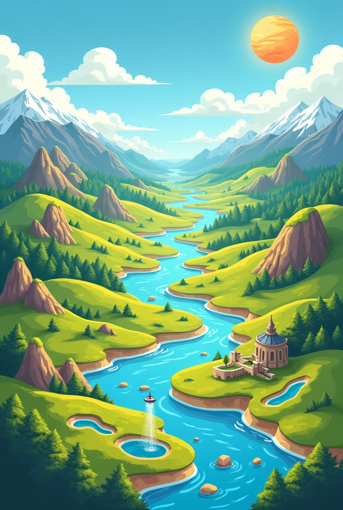 Create a poster that illustrates the different landscapes and ecosystems found on Earth. Include at least three different landforms (e.g., mountains, valleys, plains) and two water bodies (e.g., rivers, lakes). Label each landform and water body and describe how they contribute to the environment. Cartoon
