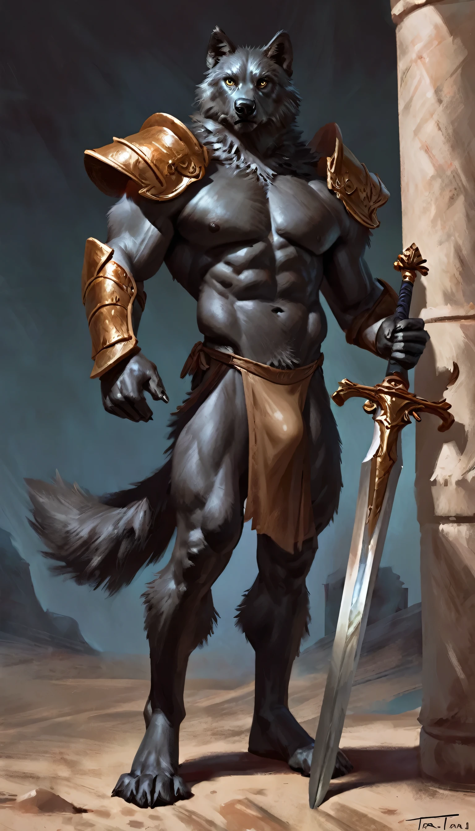 Anthro male black wolf knight holding a two-handed greatsword, alone, arrogant expression, masterpiece, Best Art, whole body, by violinist taran, detailed eyes, detailed body, claws, high, top-less, Pecs, ABS, Nipples, shoulder pads, white loincloth bulge in crotch, standing 