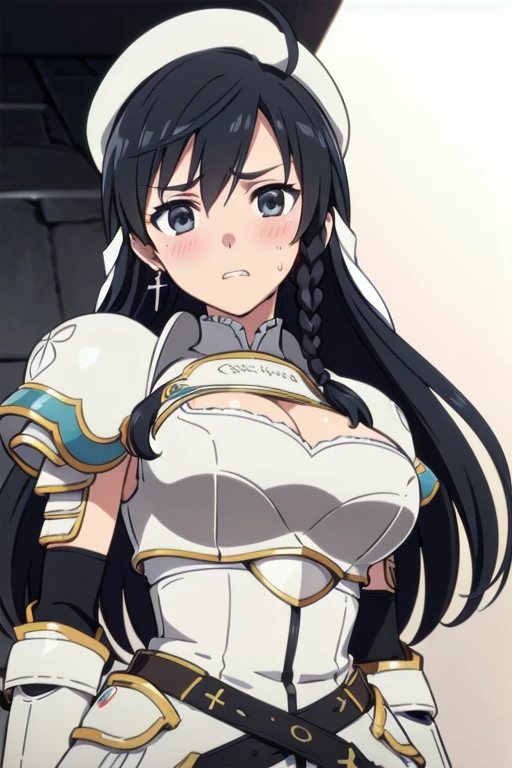 Sonia Blanche, cross earrings, hair ornament, veil, armored dress, pauldrons, breastplate, gauntlets, belt, skirt, greaves, (white beret), 1girl, solo, upper body, big breasts, facing viewer, looking at viewer, (aroused facial expression), teeth, blush, sweat, (simple dark background), view from below