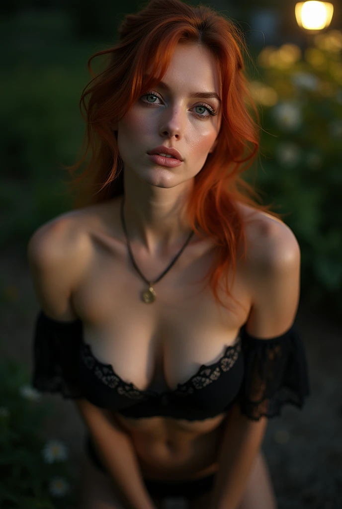 nsfw, night scene, close up photo of Lika Red, 27 years old, beautiful Lika Red model, French beauty, sexy navel, auburn hair parted to one side, hair side swept, blue eyes, bending over in a garden, off shoulder strapless cowl neck lace bra, deep cut neckline, perfect figure, swooping breasts, deep cleavage, ponytail hair, necklace, look at viewer and smile, (cinematic:1.3), intricate details, (ArtStation:1.2)