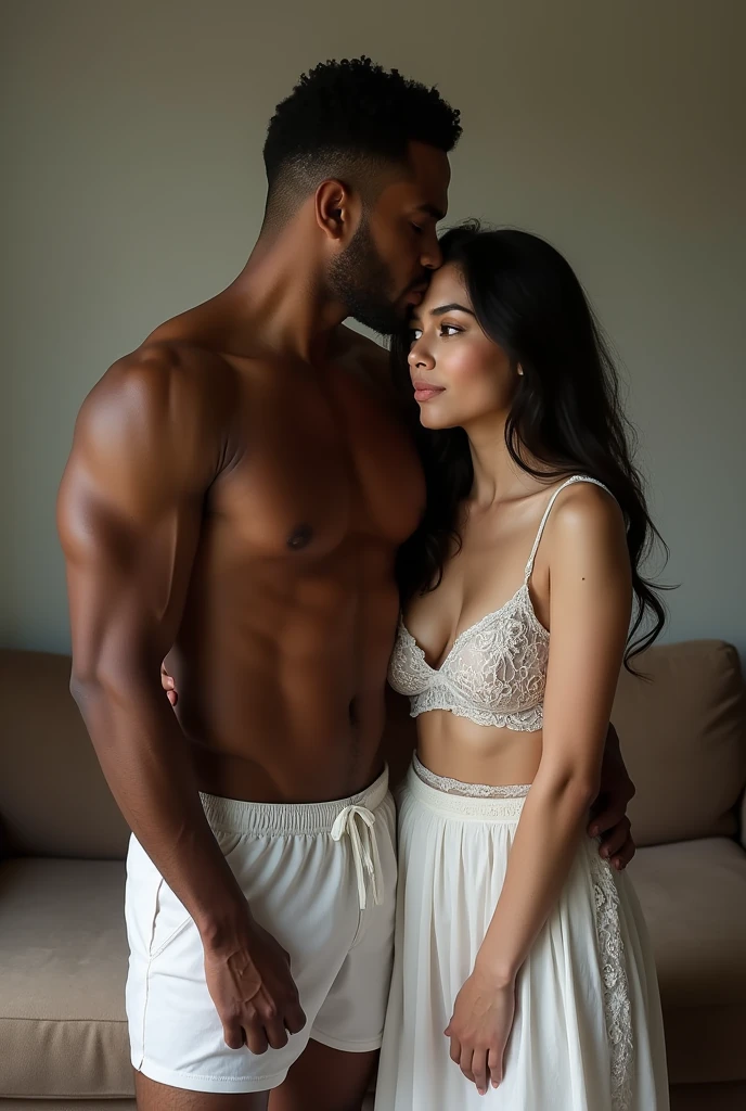 (ung man), (1 asian Mom), (Duet), A mom seduces a young blackman，（strong and naked black man，short pants，muscle body，bodybuilder），（a young mom with big breasts，narrow waist，bare shoulders，(white long skirt dressed， transparent black pantyhose, floral print, naked）, European 40 year old milfs and th1 young black man r, best quality:1.4), (Ultra-high resolution:1.2), (8K, RAW photos:1.2), Laurena Lexis, (1 Mom, 1 son), Moms showing off their curves, bend down, Wearing sexy clothes and shorts, and their young son, Clear eyes, A mother and her young son