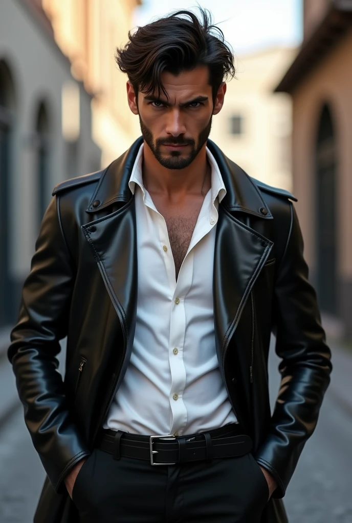 Latin American Costa Rican brunette man wearing a black leather jacket, black gloves, white shirt and black pants