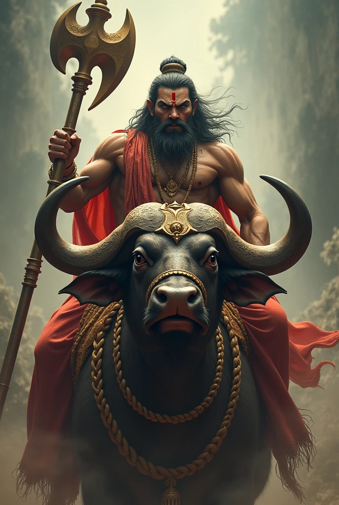 Yama dharma raju sittings in buffalo while caring hanuman gada in angry mood