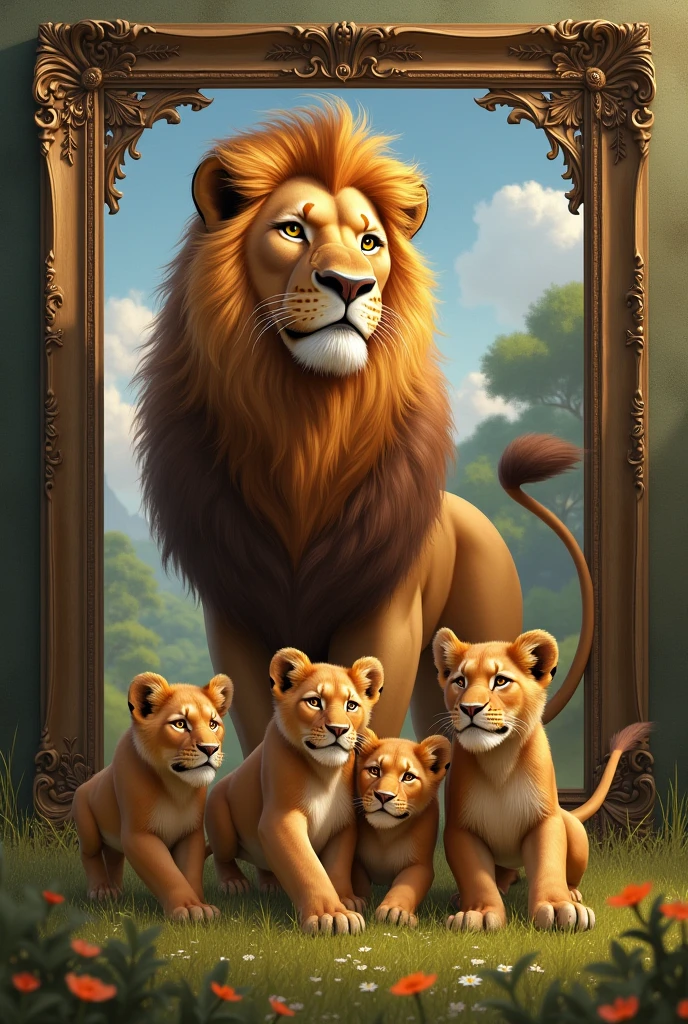 Lion, three lion cubs, lioness, frame background