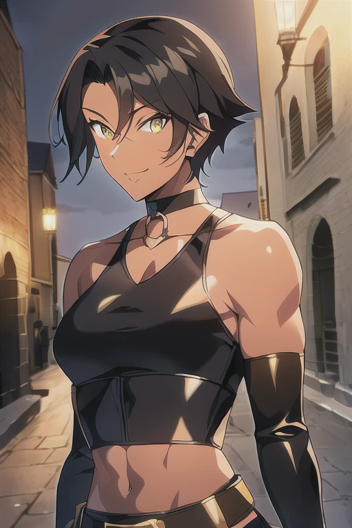 castlevania style, outdoors, Empty City at Night 1girl, solo, 26 years old, tomboy, Short Black Hair, (tan-bronze skin), yellow eyes, medium breasts, cleavage, (Midriff), (Wearing: blue jacket, choker, Strapless black top, Belt, Black shiny leather pants), toned, hourglass figure, athletic, agile physique, snarky expression, looking at viewer, wide smile, (agile physique:1.1), upper body , ((masterpiece))