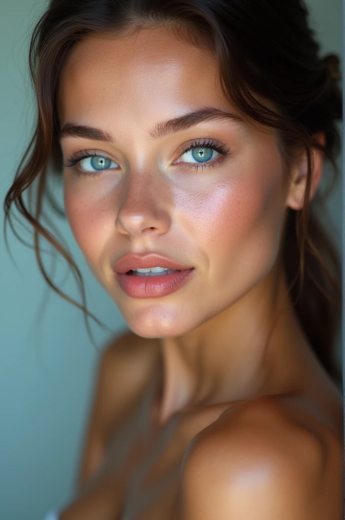that of a beautiful woman with perfect skin, smooth skin without marks, beautiful and perfect with blue light eyes